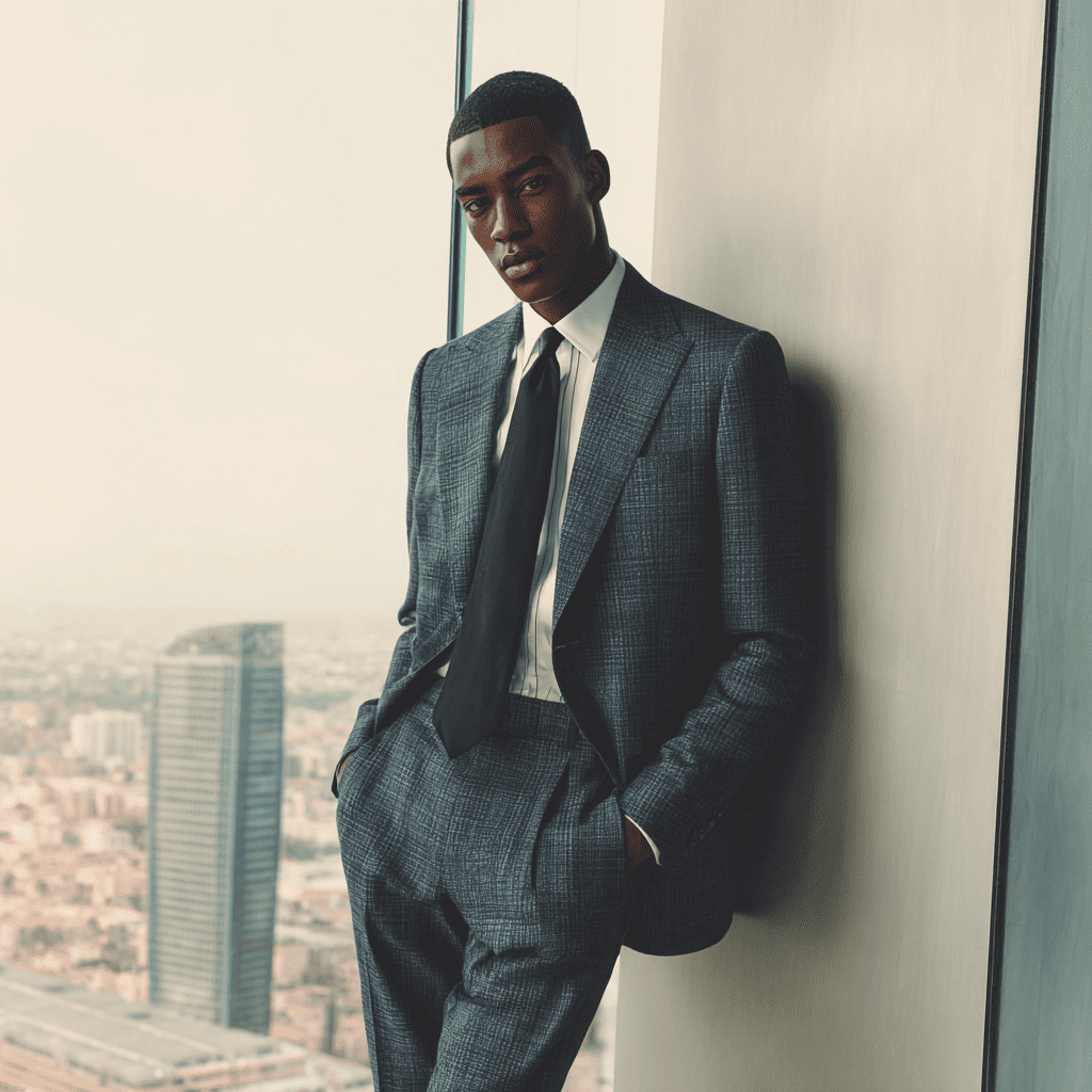 Un hombre elegante con traje azul oscuro y corbata, posando con confianza en un entorno urbano moderno.