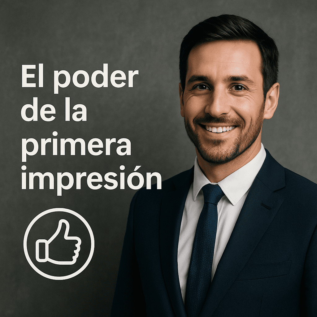 Hombre profesional sonriendo, vestido con traje oscuro, con texto que destaca la importancia de la primera impresión y un ícono de pulgar arriba.